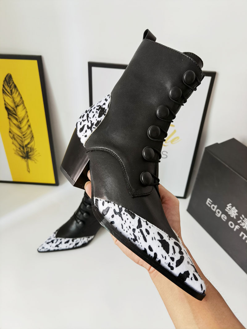 欧美2022年春秋粗跟短靴豹纹拼接拼色尖头短筒侧拉链高跟马丁靴女
