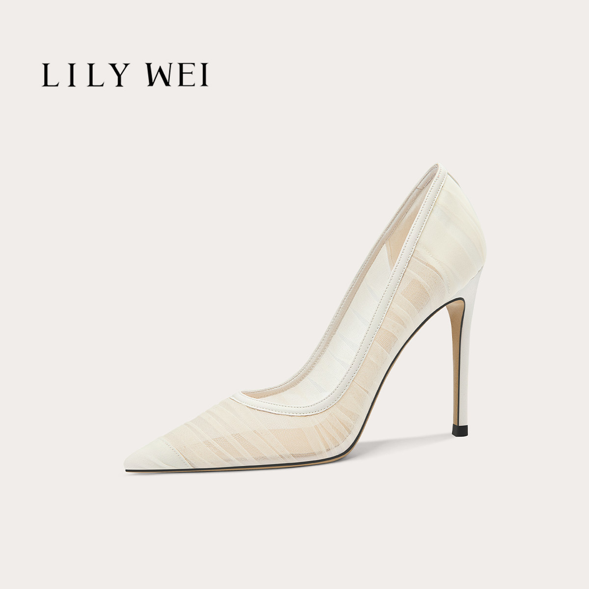 Lily Wei【素鳞锋履】2026新款米白网状拼接高跟鞋职场通勤单鞋