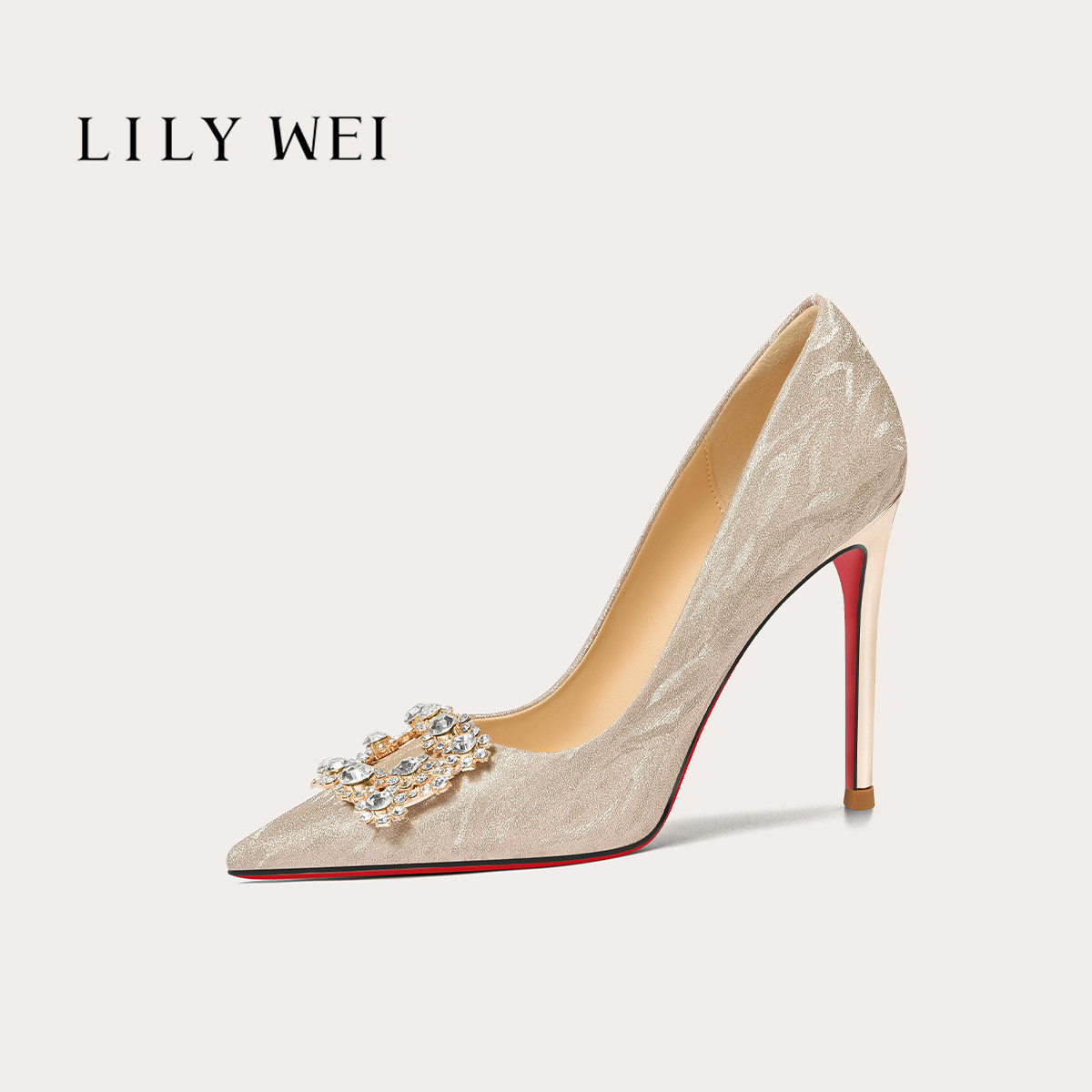 Lily Wei【火树银花】香槟金红底水钻方扣高跟鞋新娘伴娘优雅单鞋