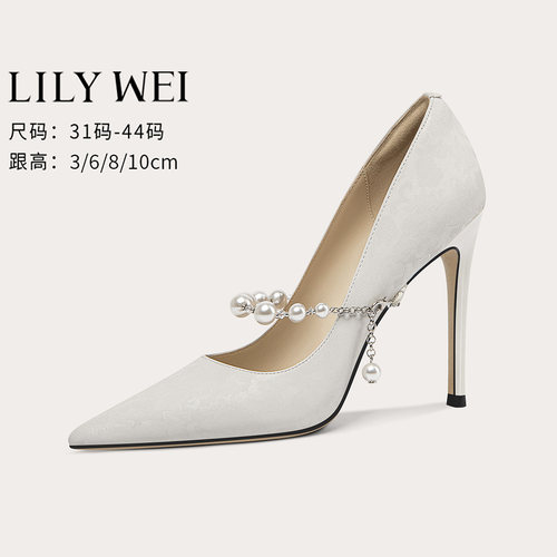 LilyWei气质珍珠优雅印花高跟鞋