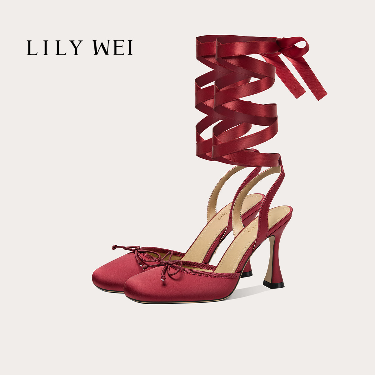 Lily Wei【绯色丝语】法式复古酒红色缎面绑带高跟鞋蝴蝶结凉鞋31