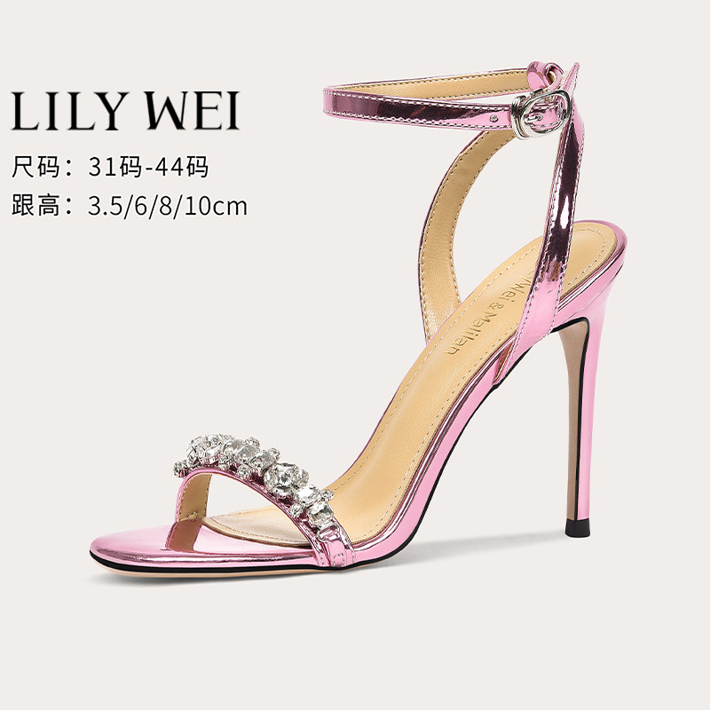 Lily Wei【牛津夏日】粉色高跟鞋一字带水钻绝美凉鞋露趾夏季外穿