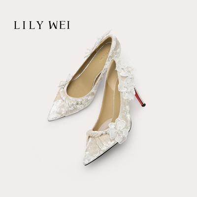 LilyWei优雅串珠花饰气质高跟鞋