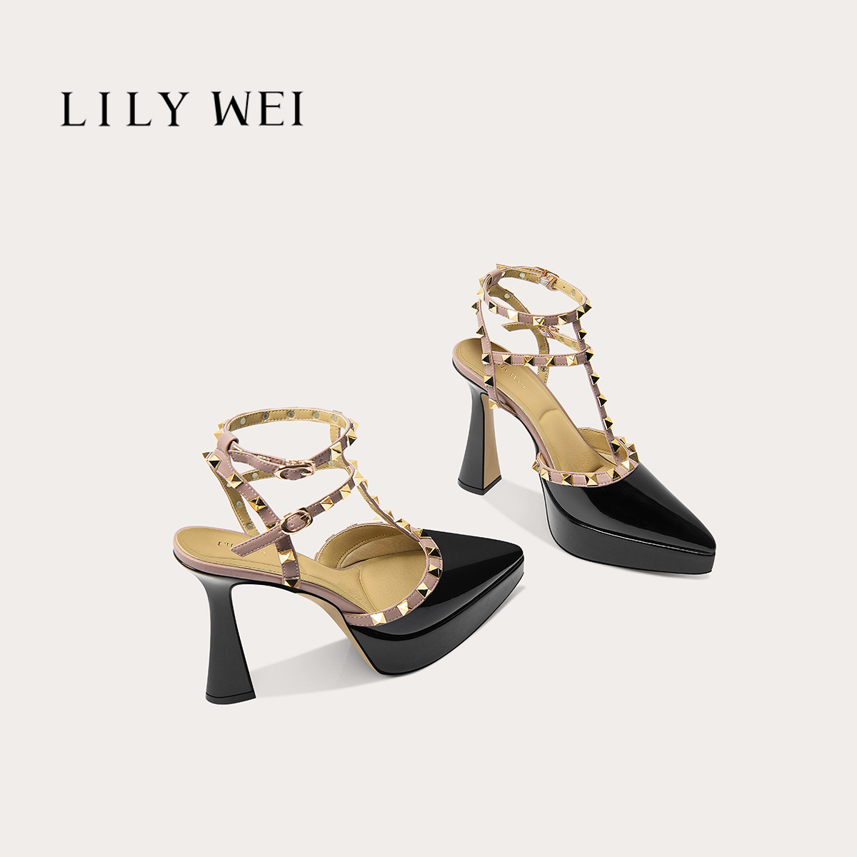 Lily Wei【随性不羁】铆钉尖头高跟鞋女漆皮防水台酒杯跟性感凉鞋