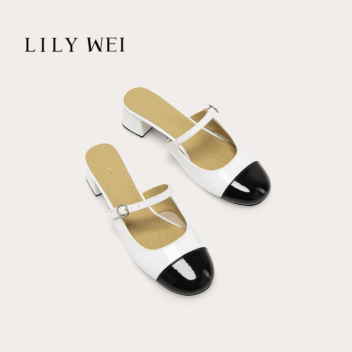 Lily Wei【时光慢递】简约风包头凉鞋女黑白拼色圆头粗跟约会鞋