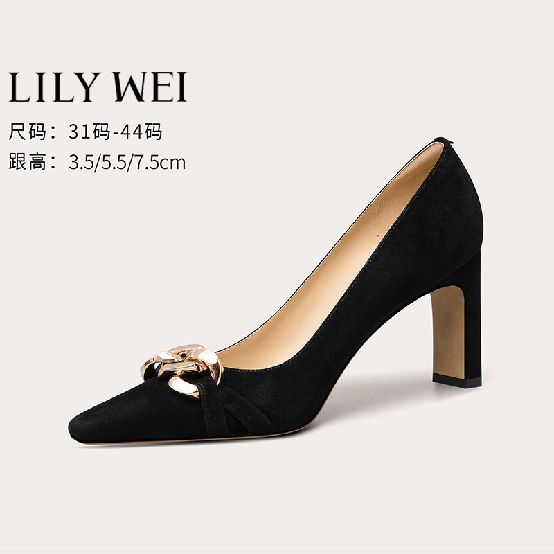 Lily Wei法式优雅通勤女鞋初秋粗跟单鞋黑色时装高跟鞋小码313233