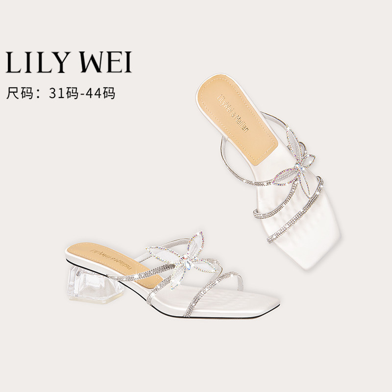 Lily Wei【蝶梦】凉鞋拖女夏外穿精致蝴蝶结水晶高跟鞋小码313233
