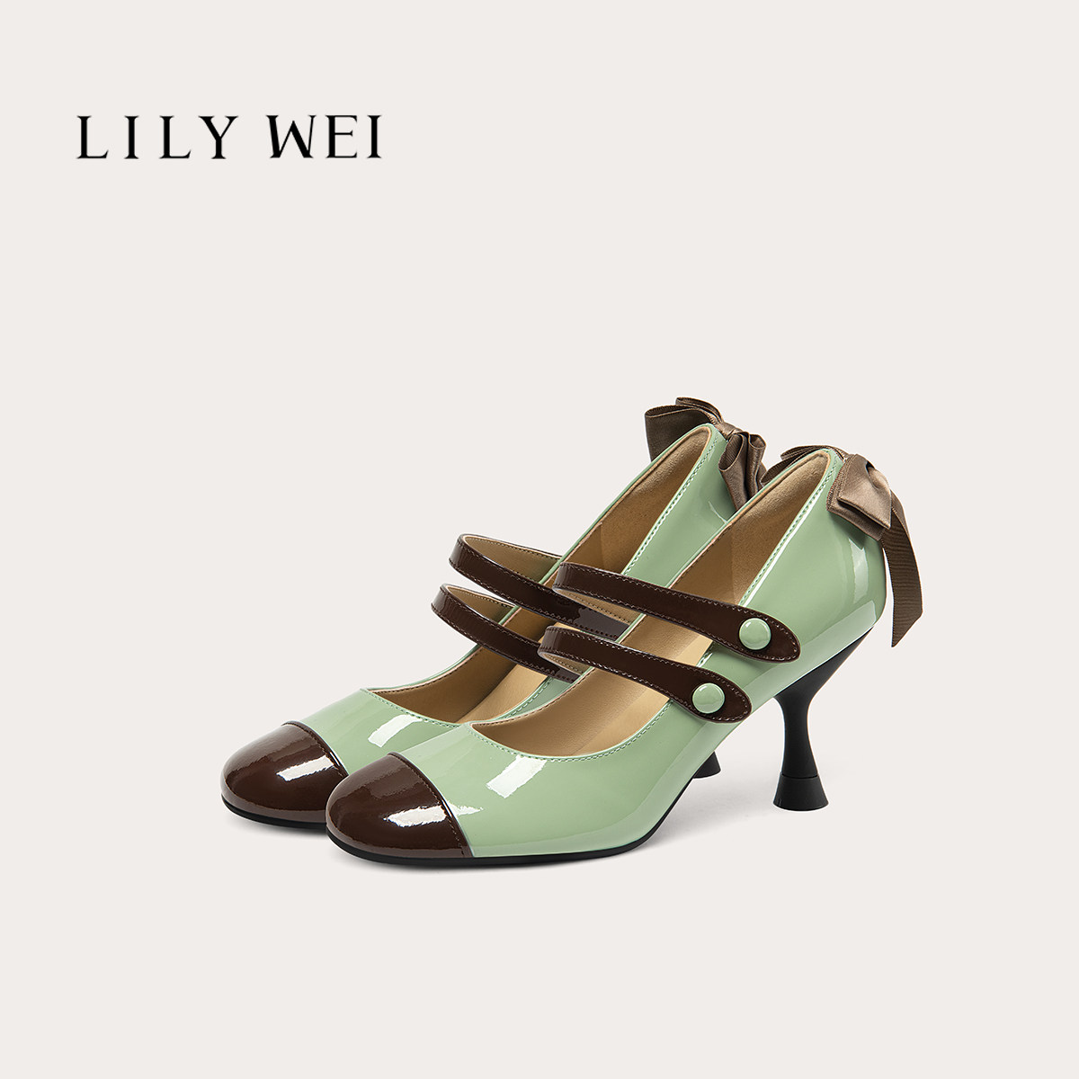 Lily Wei【薄荷奶糕】果绿色圆头猫跟鞋时尚撞色日常通勤单鞋31