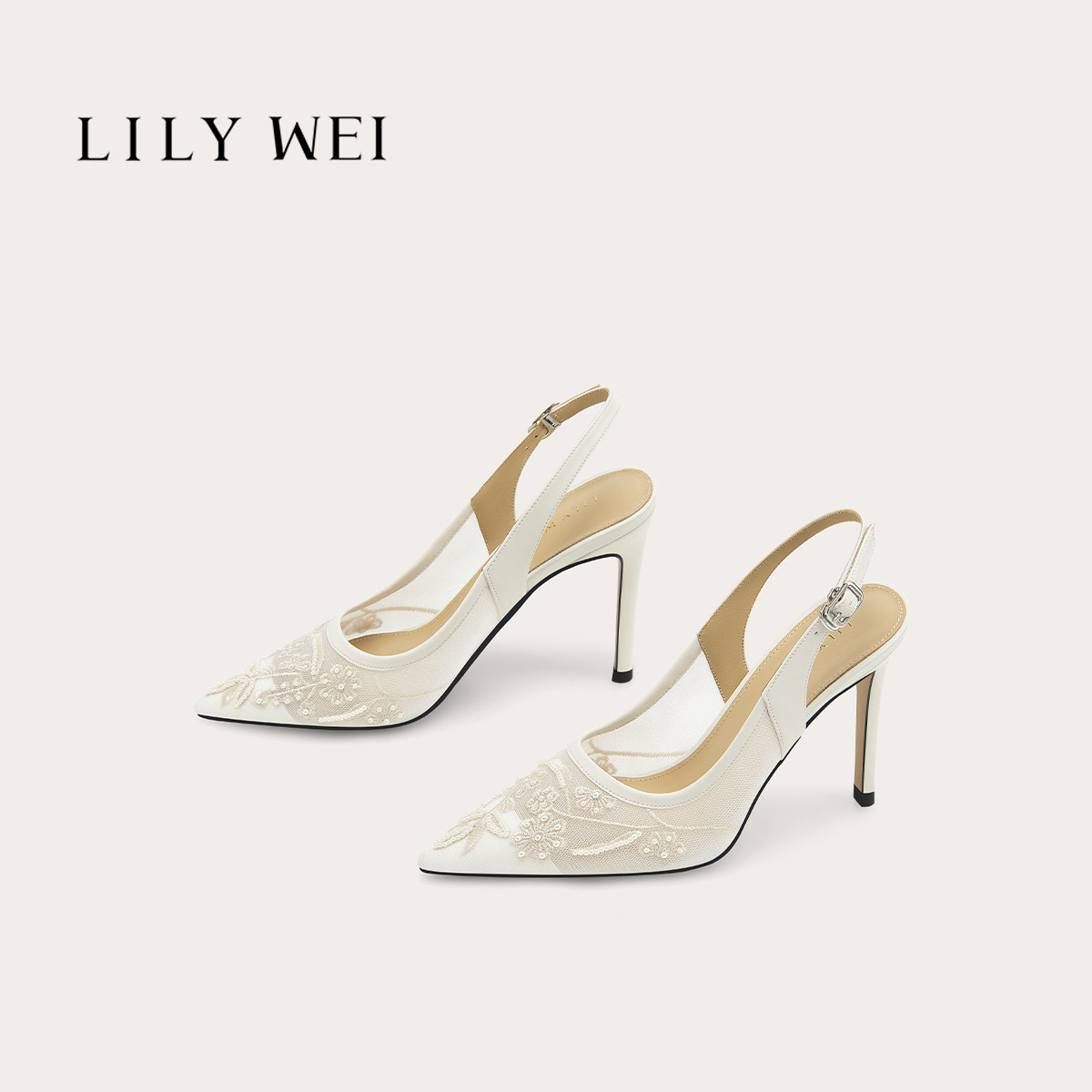 Lily Wei【蔷薇之恋】米白色高跟鞋尖头细跟凉鞋刺绣后绊带宴会鞋