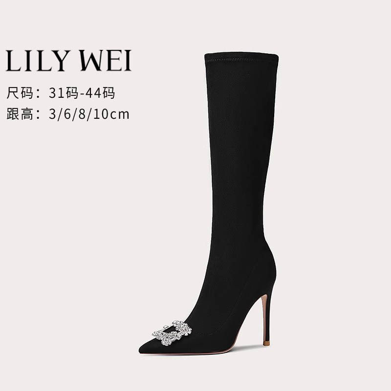 Lily Wei大码41一43黑色高跟长筒靴子细跟尖头小码313233秋冬加绒