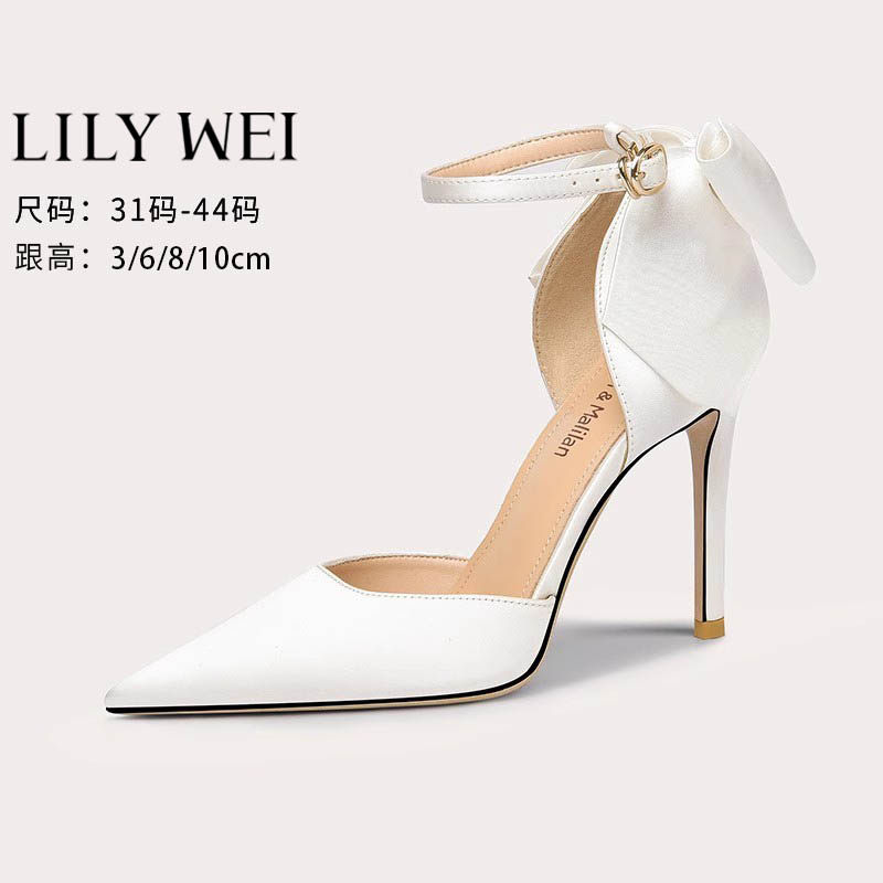 Lily Wei【盼君归】白色高跟鞋蝴蝶结婚鞋细跟尖头凉鞋小码仙女风
