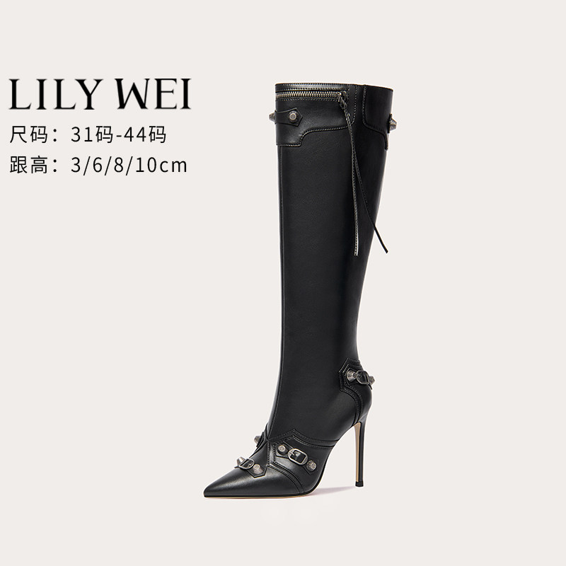 Lily Wei欧美御姐时尚长靴尖头细跟机车靴子高级感时装靴大码42