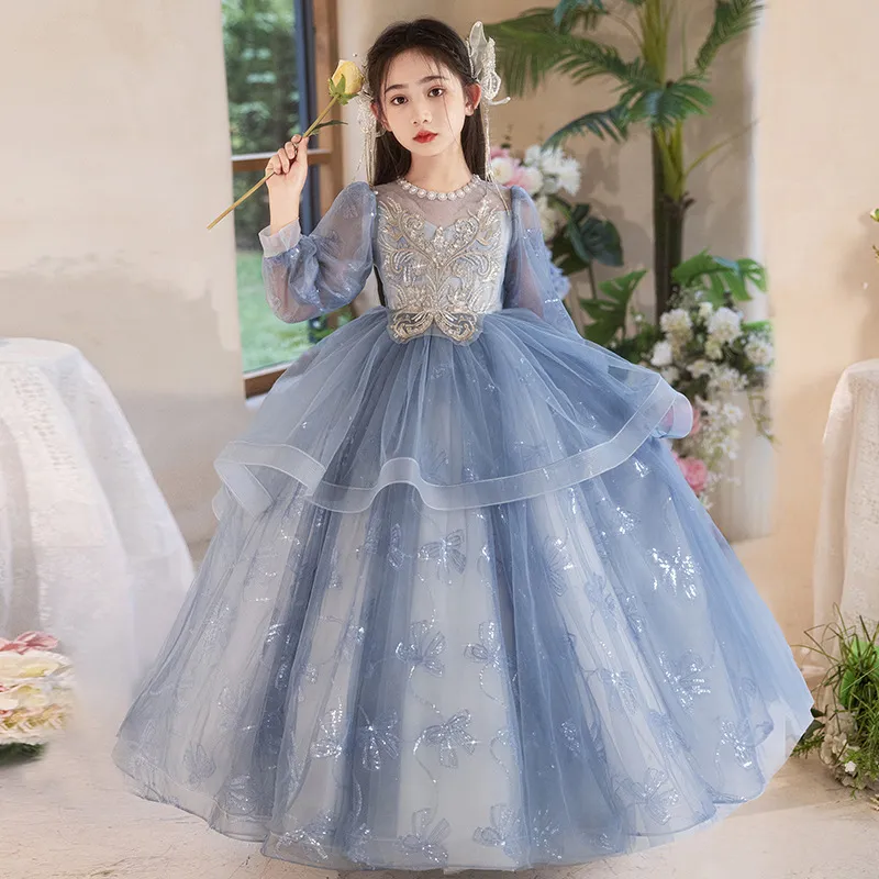 儿童蓬蓬纱礼服蓝色高级感小主持人女童生日公主裙花童钢琴演出服