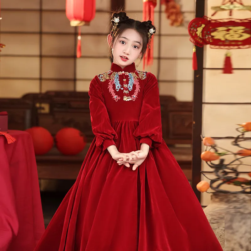 儿童晚礼服红色高端公主裙丝绒中式花童婚礼主持人女童演出服长袖