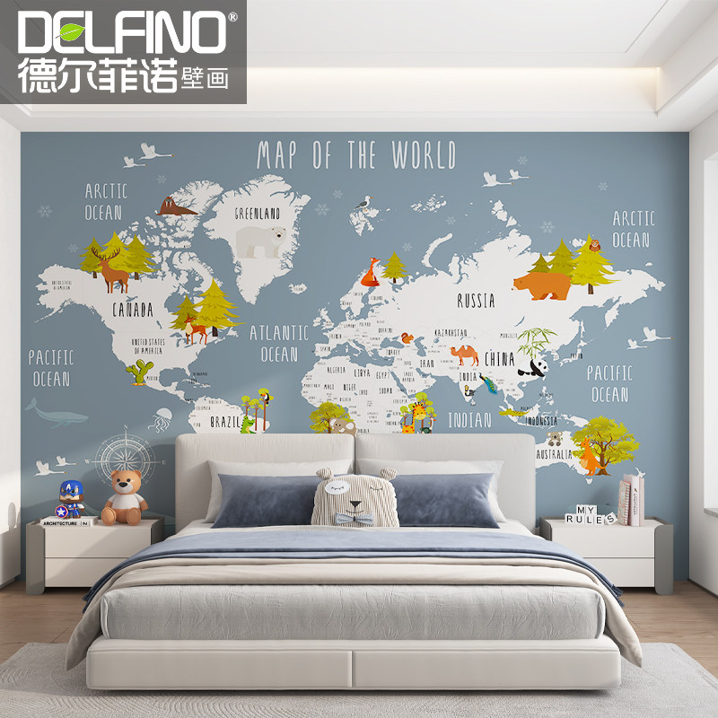 环保无缝墙布现代简约壁纸卧室男女孩儿童房床头定制世界地图壁画,家装主材,定制壁画,淘宝优惠券,粉丝福利购,淘宝优惠卷