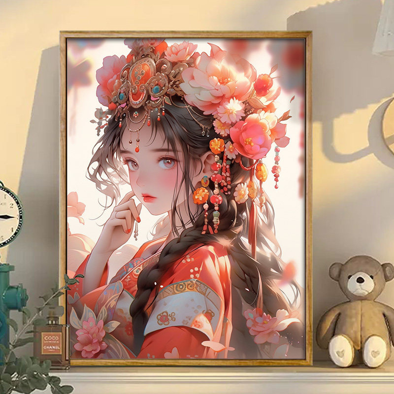 云想衣裳花想容 diy数字油画卡通少女涂鸦填色画丙烯手绘油彩挂画