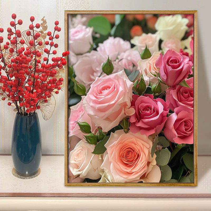 玫瑰花丛 diy数字油画卡通花卉涂鸦手工画丙烯填色摆件装饰油彩画