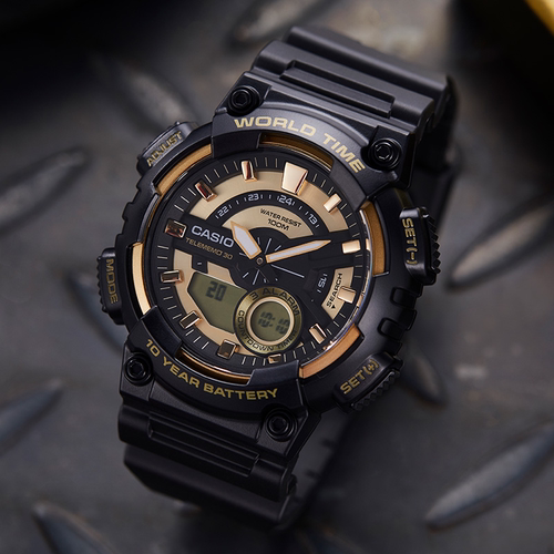 CASIO卡西欧手表男士学生运动防水黑金电子表AEQ-110BW-9A