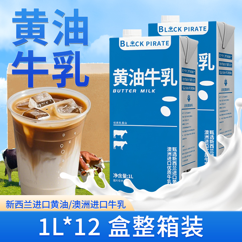 黑海盗黄油牛乳1L*12盒商用拿铁乳咖啡奶茶烘焙店专用原材料