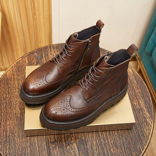 马丁靴休闲皮靴英伦真皮商务男靴增高中帮厚底布洛克雕花短靴潮流