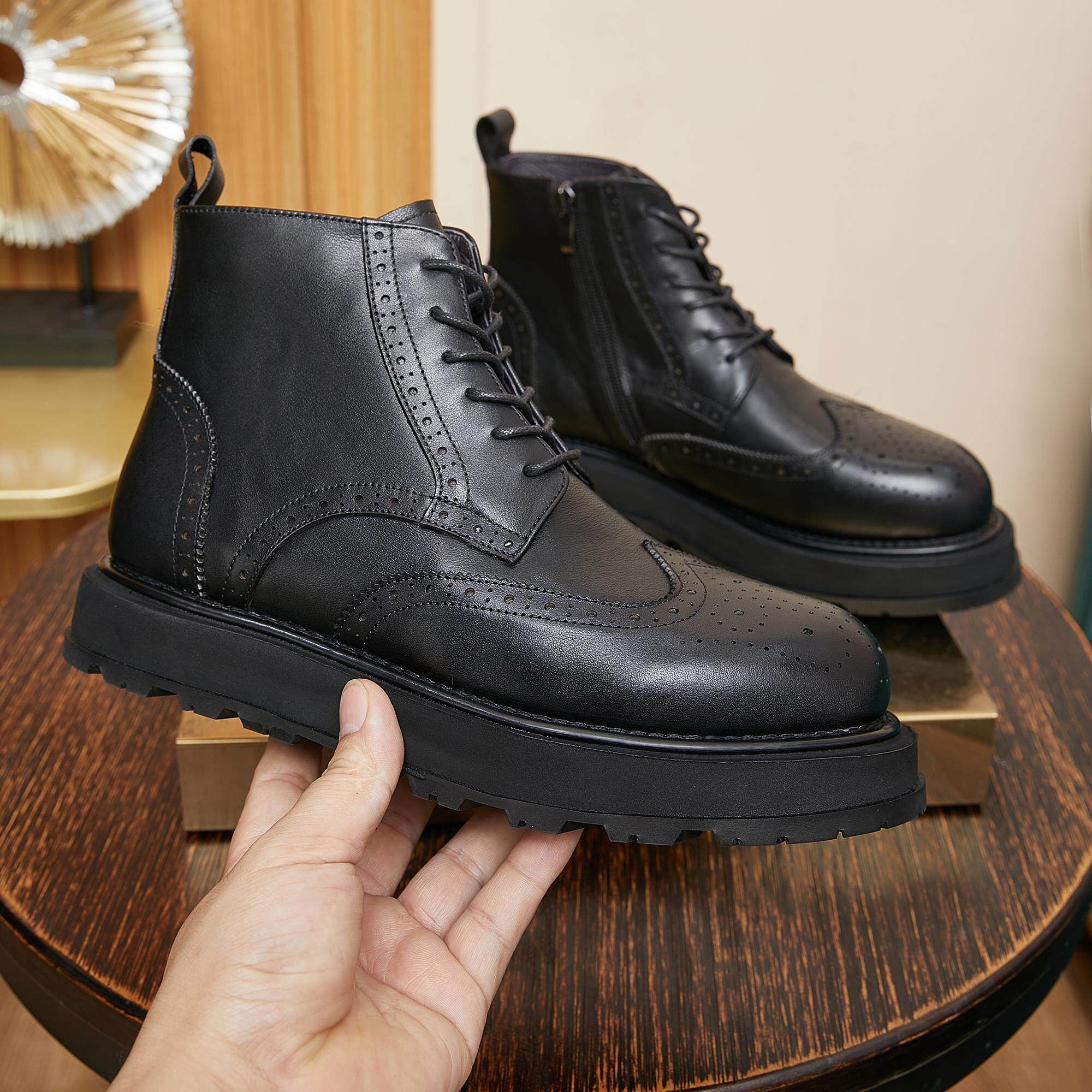 冬季新款黑色男士圆头雕花厚底增高马丁靴加绒时尚潮流英伦风复古