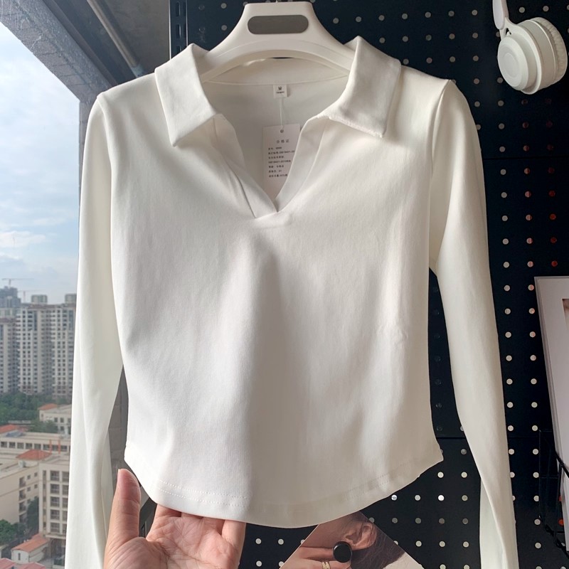纯欲港风常规修身polo领上衣女