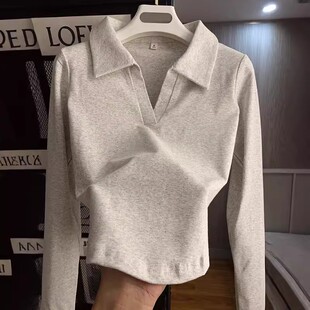 纯棉正肩polo领T恤女春秋复古港风常规修身V领上衣内搭长袖打底衫