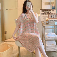 棉綢睡裙女夏季薄款短袖睡衣家居服V領(lǐng)甜美寬松大碼可外穿綿綢裙