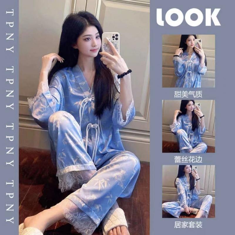 ins风蕾丝边睡衣女盘扣长袖春秋款新款网红中国风印花居家服套装