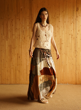 NEANT 【迪丽热巴同款】拼接百家布格子黄棕长半裙