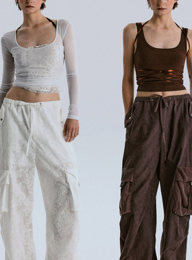 NEANT 全棉刺绣提花 卡其绿/灰紫/白色  工装裤