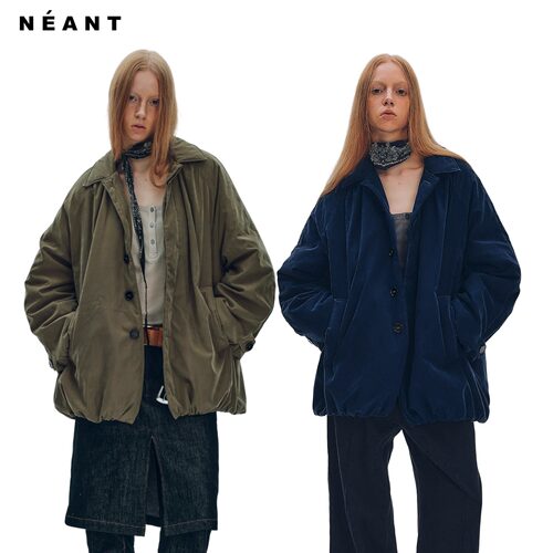 NEANT挑皮绒棉被褶皱夹棉棉服外套 军绿色/墨水蓝