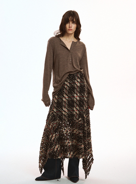 NEANT格纹毛边不规则下摆半身裙