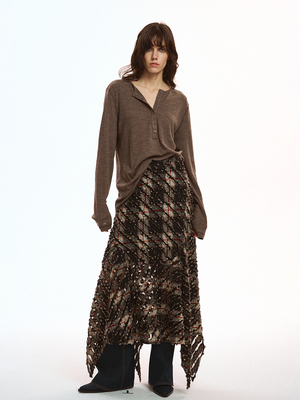 NEANT格纹毛边不规则下摆半身裙