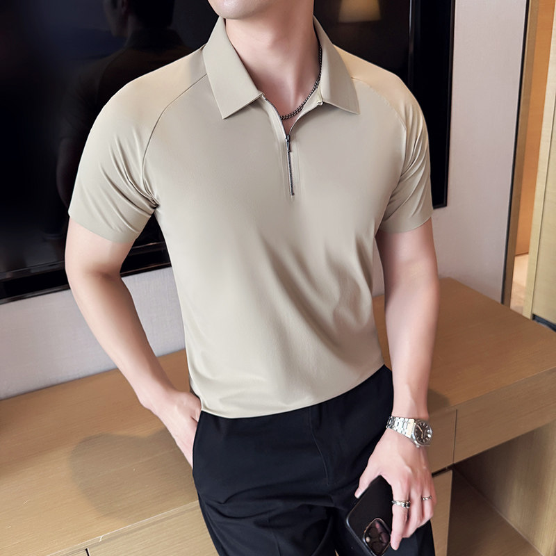 【TGH】 高弹冰丝polo衫男短袖夏季薄款高级感潮流半拉链翻领t恤