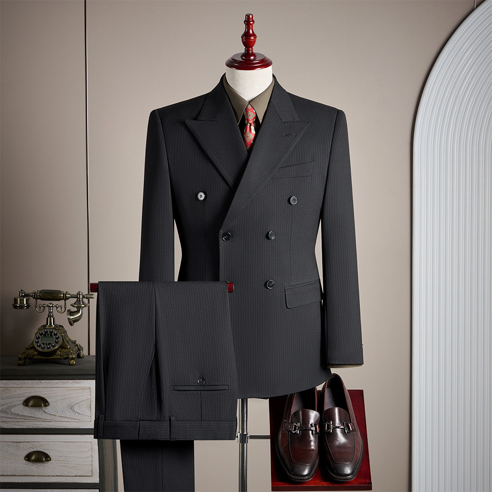 【TGH】高端工艺米兰眼条纹双排扣西服男套装商务新郎三件套TZ720