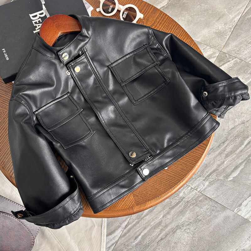 韩版帅气儿童皮衣春秋新品男女童纯色皮衣外套纯色百搭PU夹克衣服