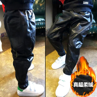 男女童皮裤新款童装秋冬加厚韩版童装PU皮裤收腿儿童哈伦小脚裤
