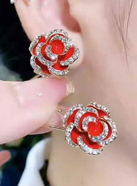 耳环女民族风红色山茶花耳钉精致玫瑰耳饰2025新款高级感银针轻奢