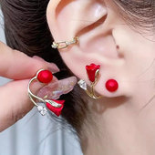 轻奢一款 耳饰 前后款 两戴红色花朵珠珠耳钉女热门款 耳环网红后挂式
