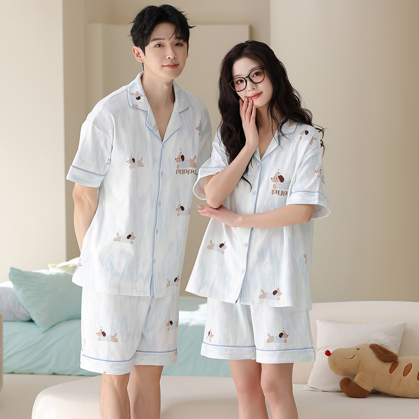 婵之云情侣睡衣夏季短袖纯棉一男一女士开衫可外穿家居服套装