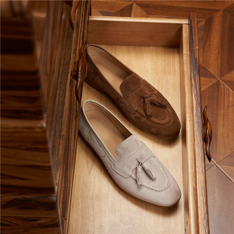 诺悠静奢大码乐福鞋男款翻毛皮英伦男士休闲一脚蹬真皮流苏皮鞋