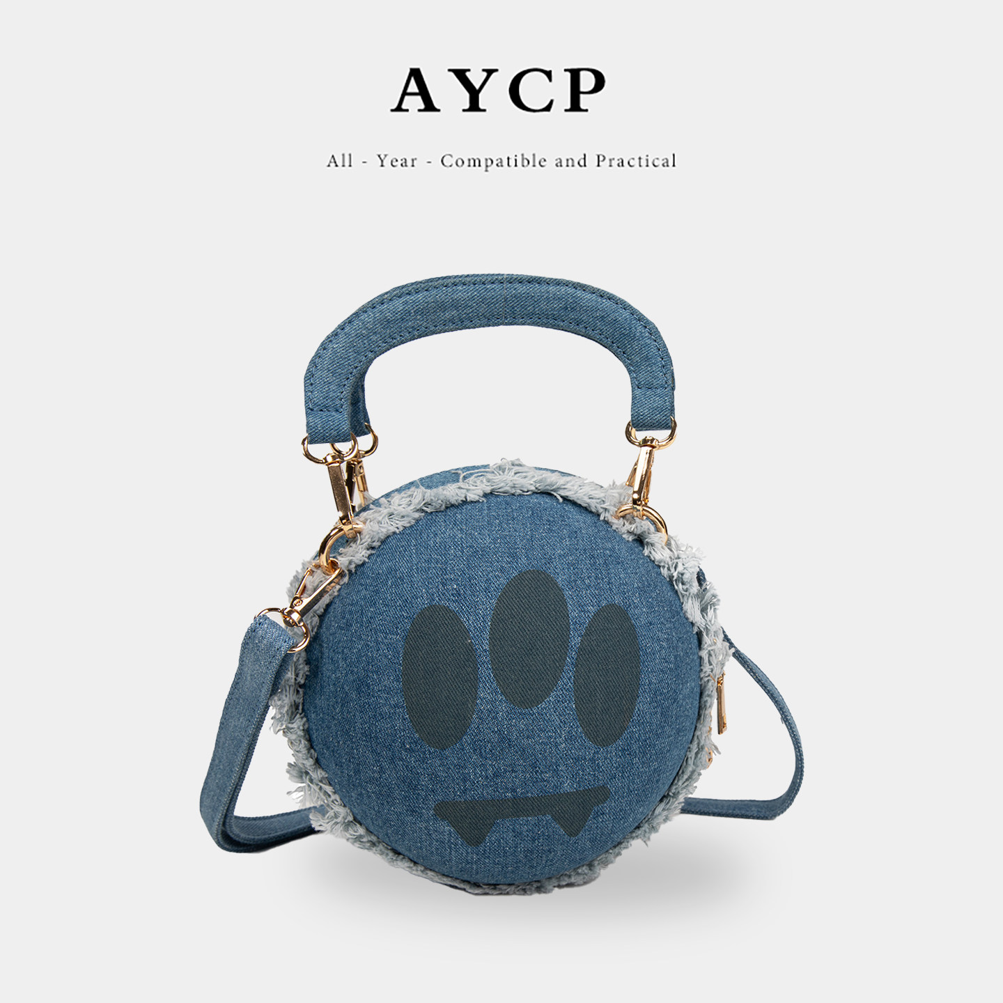 AYCP原创圆球形手提斜跨包帆布个性笑脸牛仔布包潮女水洗丹宁小包