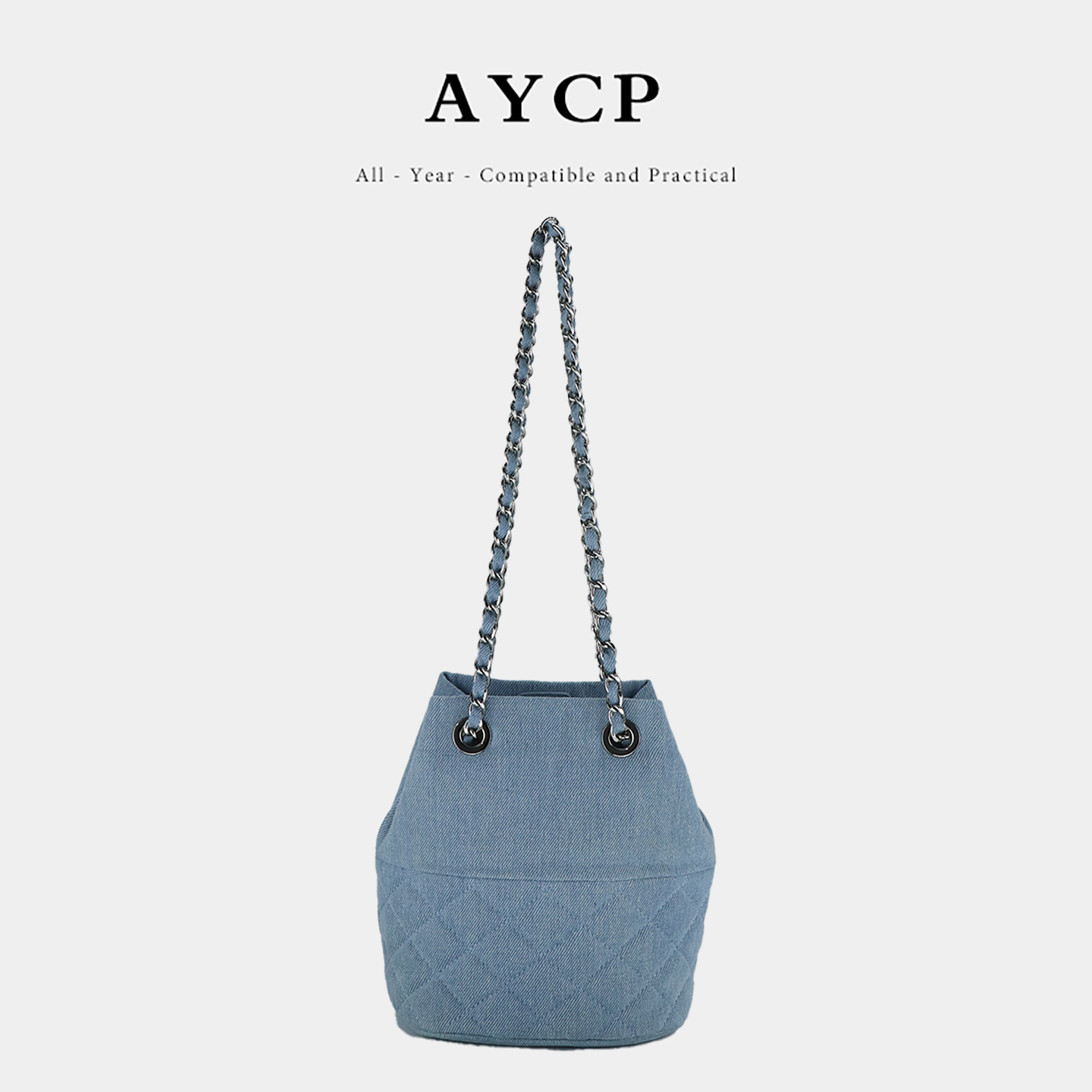 AYCP上班通勤菱格牛仔布包包链条水桶包女水洗单肩斜挎包百搭休闲