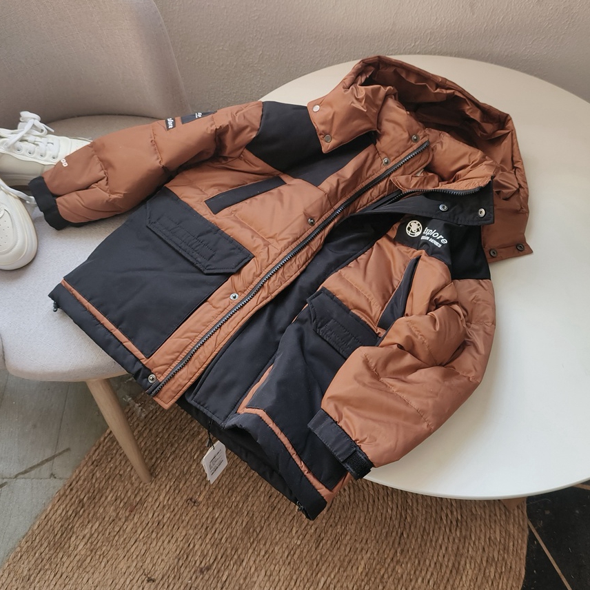 笑笑家 童装上衣 男童拼接撞色连帽羽绒服 90绒冬季保暖