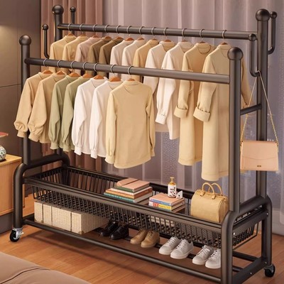 晾衣架落地家用卧室简易衣帽架室内加厚神器房间挂衣服的双杆架子