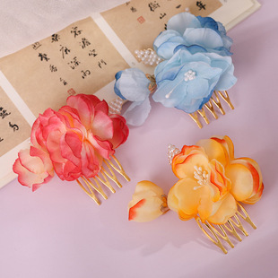 古典绢花边夹头饰汉服珍珠绢纱花朵发夹复古风出游赏花衣衫配饰