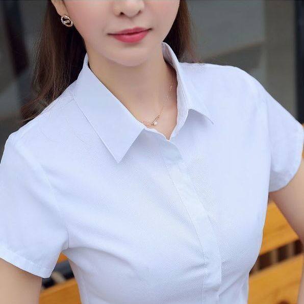 酒店白衬衫女夏季短袖方领V领工作服职业正装白色不透公务员面试图片