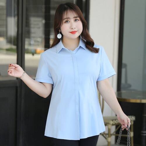 大码胖mm短袖白衬衣V领女夏季职业工装工作服半袖衬衫蓝色200斤寸