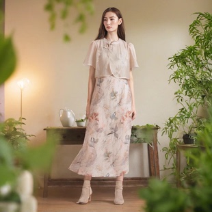 妃萱G02T122女薄莱赛尔天丝吊带外披新中式连衣裙中国结国风套裙